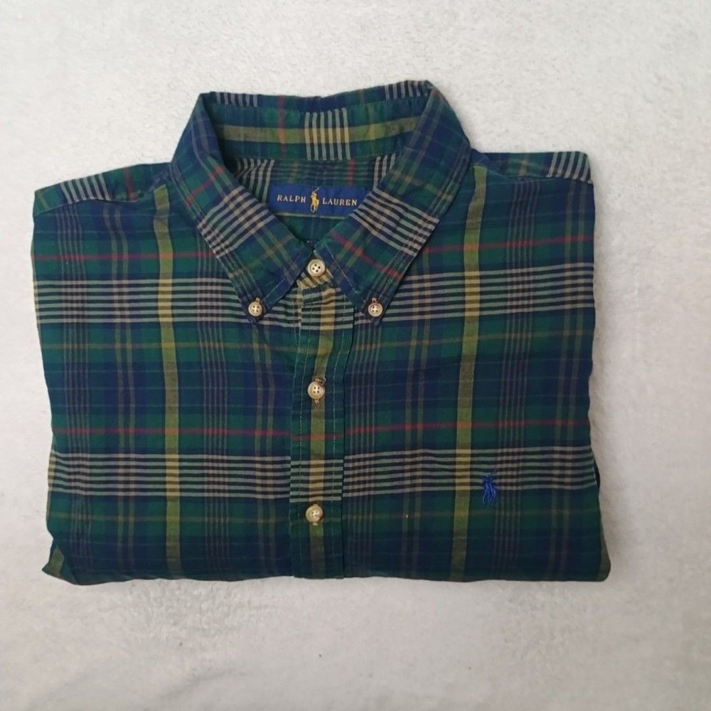 Ralph Lauren Shirt Men 2XL Green Plaid Button-Up Long Sleeve Cotton Flannel Pony